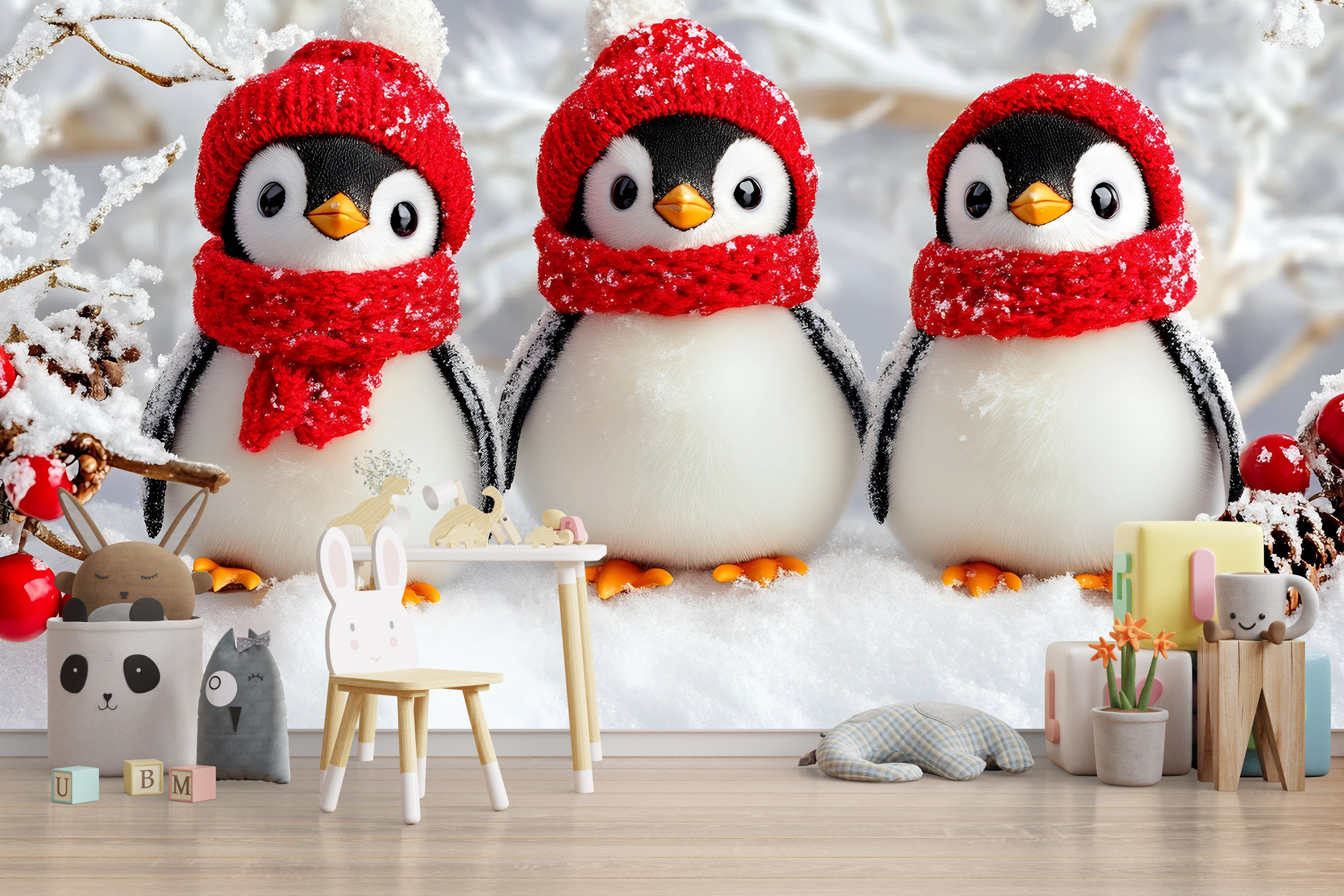 The Holiday Aisle® Winter Penguin Wallpaper Mural With Red Hats